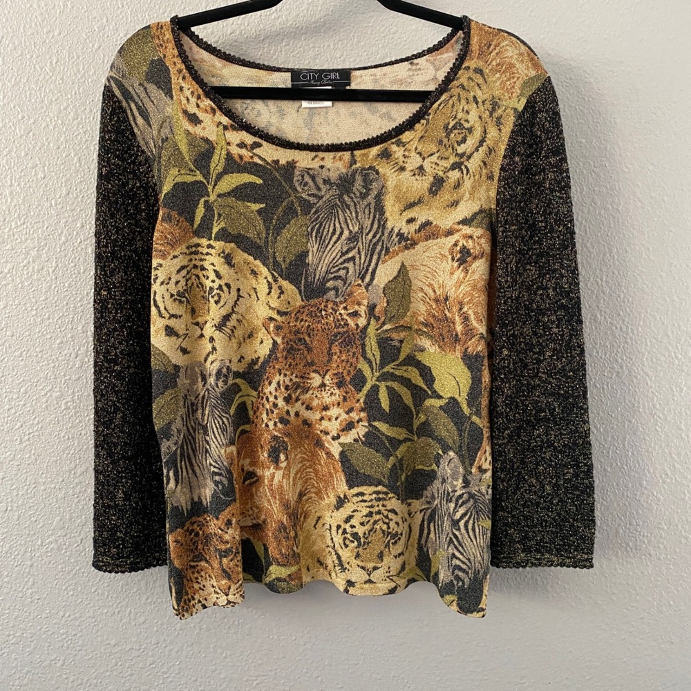 Y2K Animal Print Top Large Sparkle Knitted 2000s McBling Bohemian Boho Festival